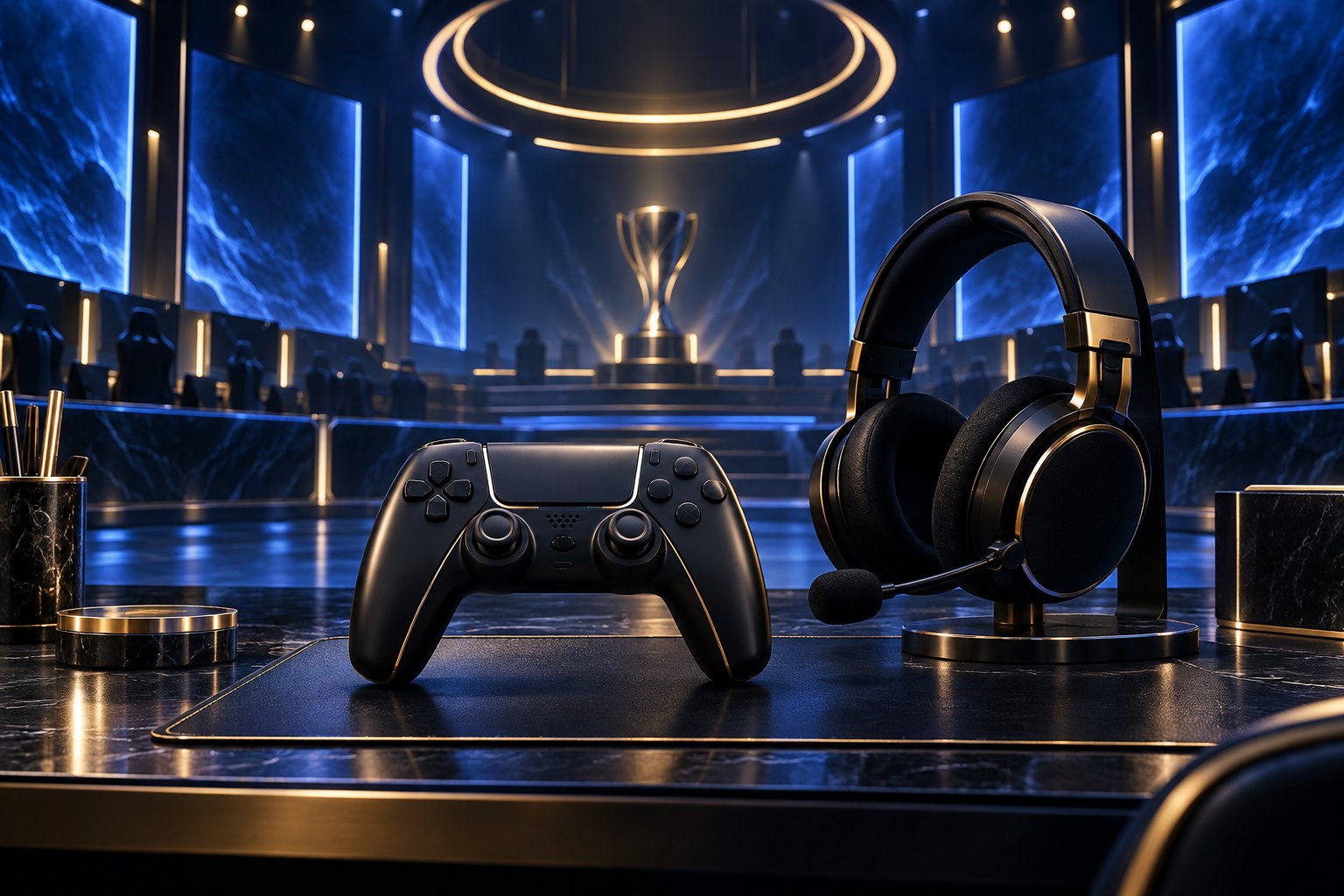 ภาพจอยเกมกับหูฟังหน้าฉากอีสปอร์ตสีน้ำเงินสำหรับหน้าอีสปอร์ตของคลับ8